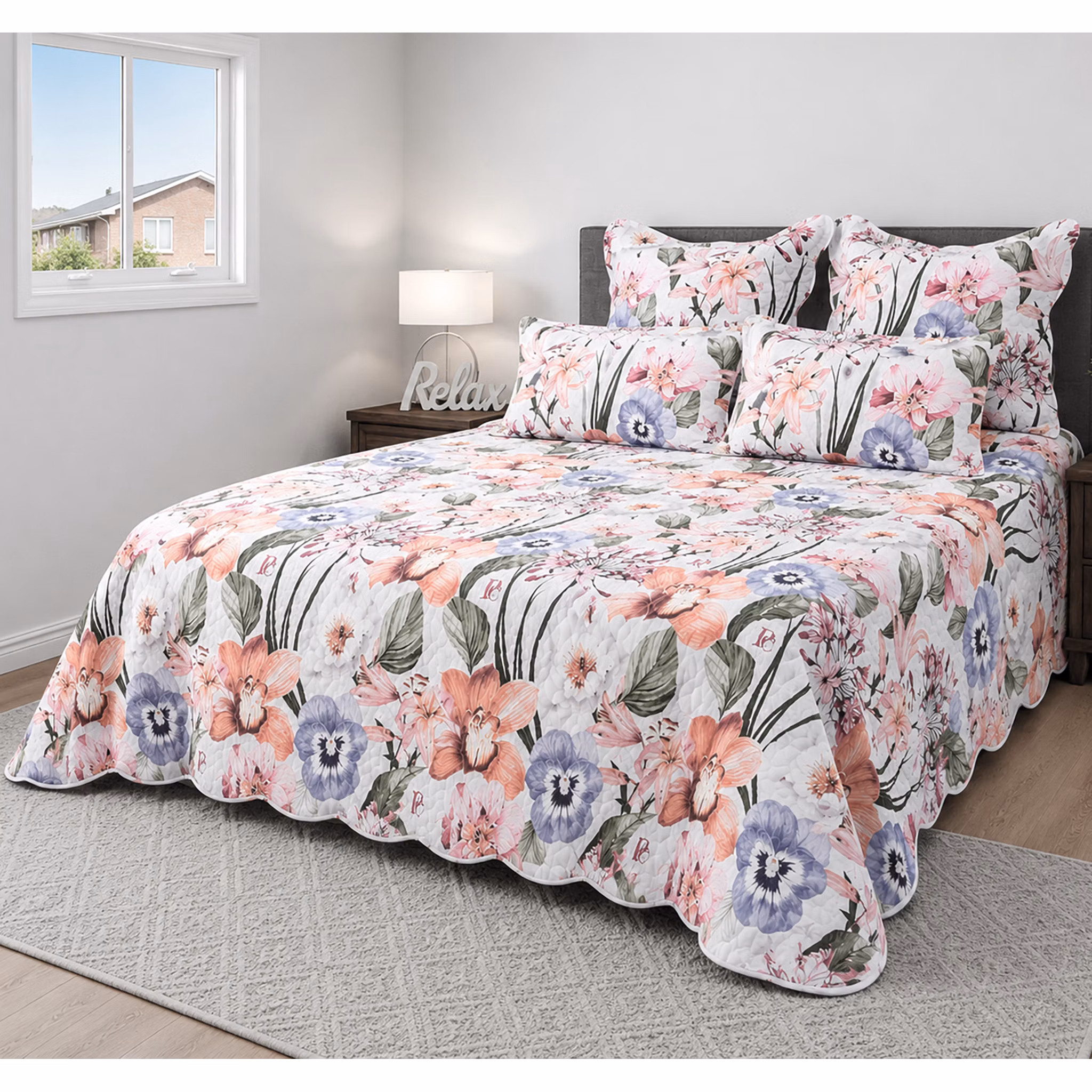 Pierre Cardin 5-Piece Scalloped Ultrasonic Quilt Set - 260cm x 230cm - Esmeray Floral