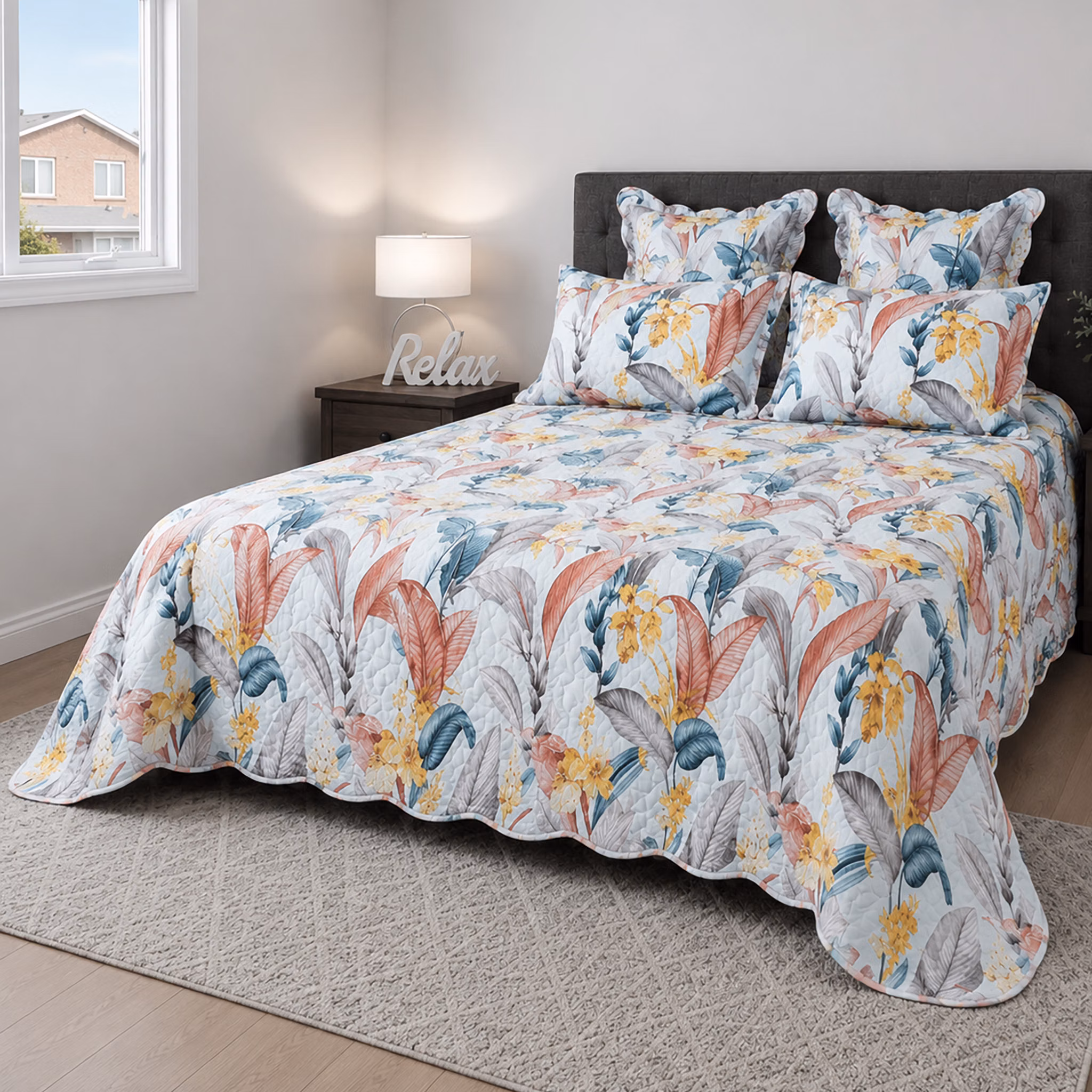 Pierre Cardin 5-Piece Scalloped Ultrasonic Quilt Set - 260cm x 230cm - Sythia Leaves
