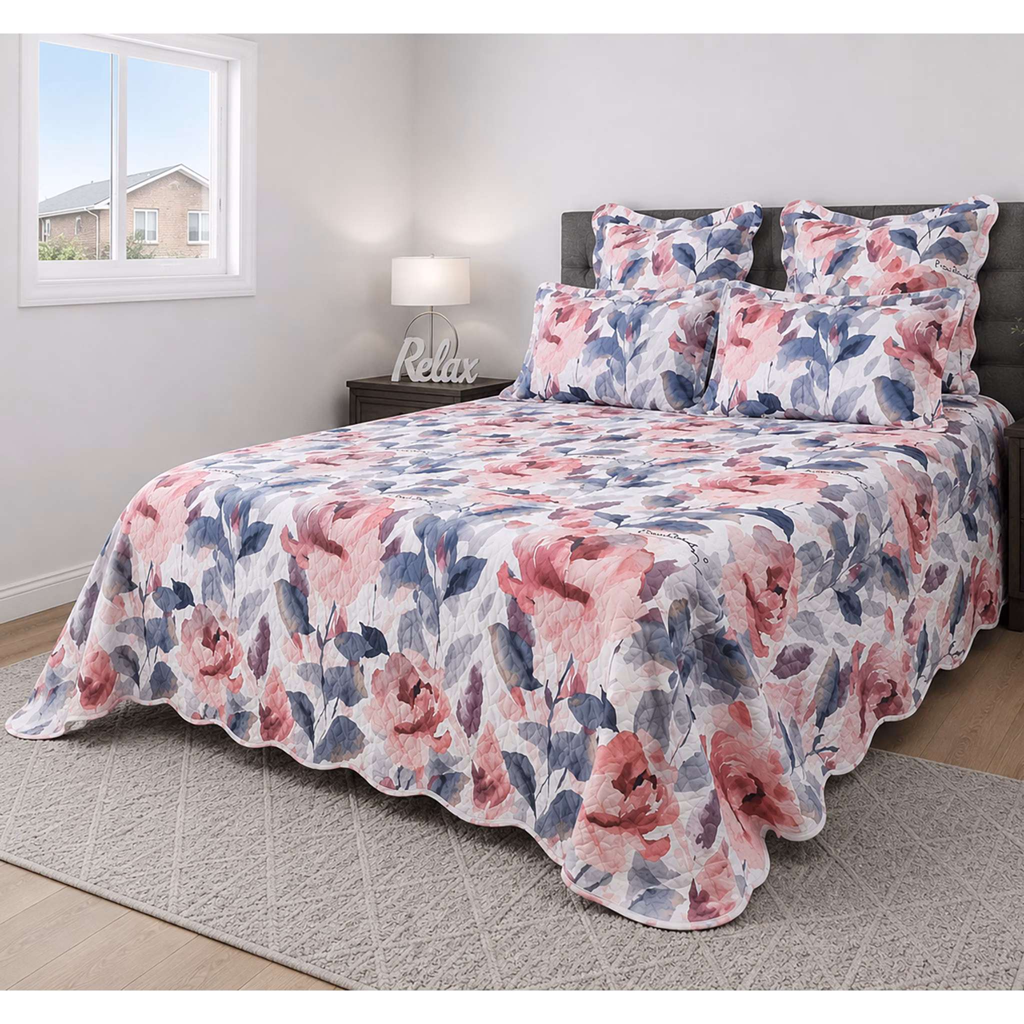 Pierre Cardin 5-Piece Scalloped Ultrasonic Quilt Set - 260cm x 230cm - Lea Floral