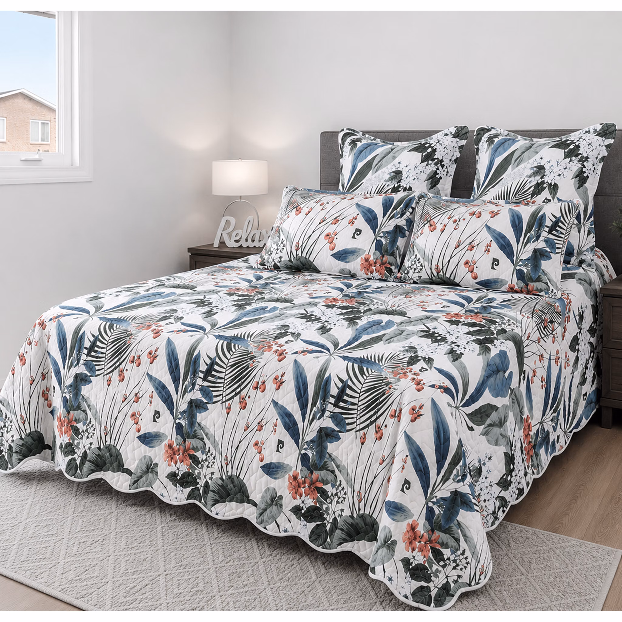 Pierre Cardin 5-Piece Scalloped Ultrasonic Quilt Set - 260cm x 230cm - Tropical Frond
